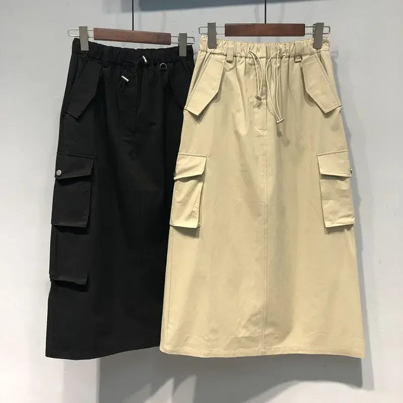 Cargo Skirts for Women Y2k Long Skirts Elastic Waist Spring Summer Drawstring Girls Full Length Skirt