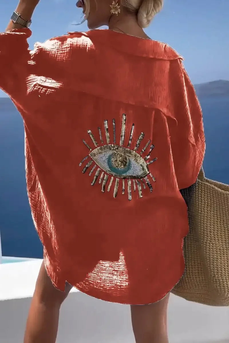 Evil Eye Casual Sequin Beaded Shirt Spring Geometric Eye Top Long Sleeve Loose Shirts Summer Turn-down Collar Button Long Blouse-Dollar Bargains Online Shopping Australia