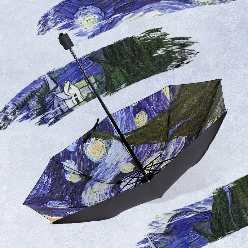 Folding Umbrella Female Windbreak Van Gogh Oil Painting Umbrella Rain Female Quality Black Coated Sunshade Umbrella