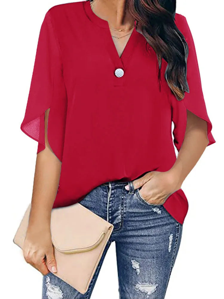 Women V Neck Chiffon Loose Blouse Tops Summer Casual Lady Solid Elegant Thin Half Sleeve Blouse Shirts