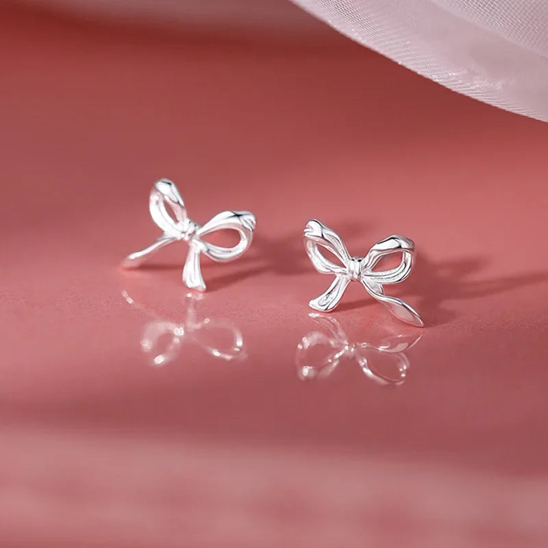 Silver Sweet Cute Bow Stud Earrings for Women Silver Color Simple Minimalist Ear Piercing Jewelry Gift
