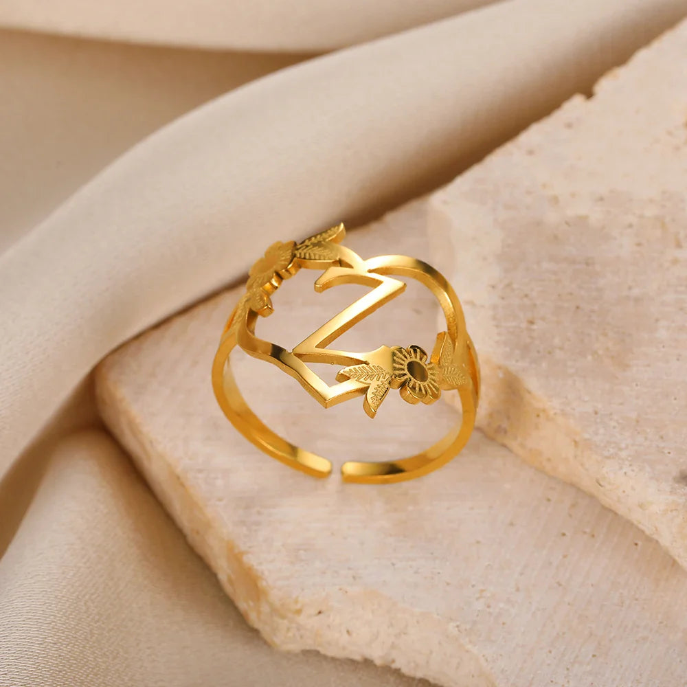 Stainless Steel Initials Flower Heart Rings Gold Color Adjustable Delicate Letter Leaf Rings For Women Girl Alphabet Jewelry-Dollar Bargains Online Shopping Australia