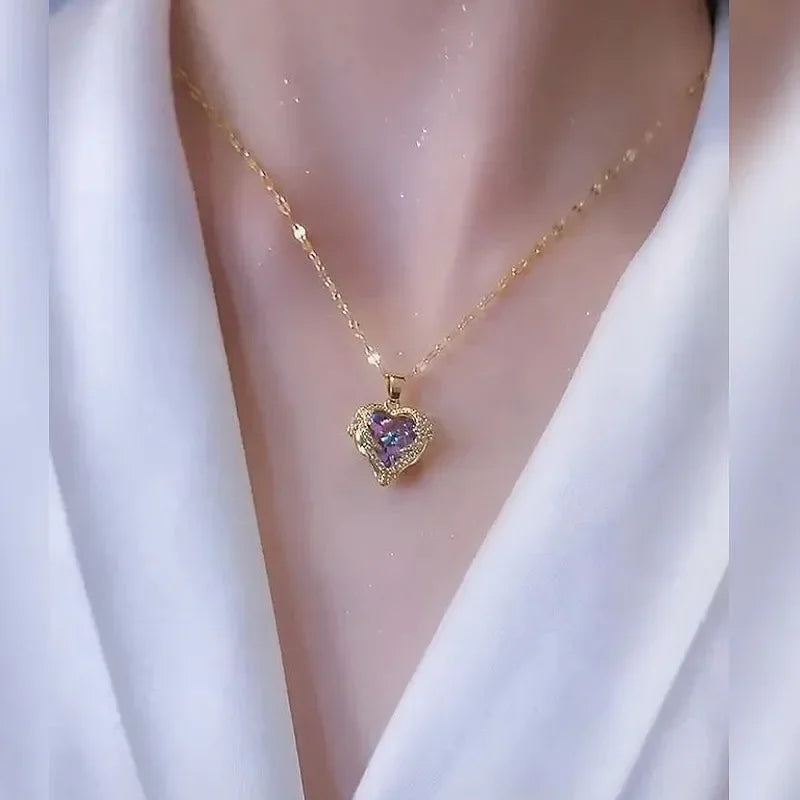 Luxury Colorful Crystal Ocean Heart Pendant Necklace For Women Korean Fashion Stainless Steel Neck Chain Female Wedding Jewelry