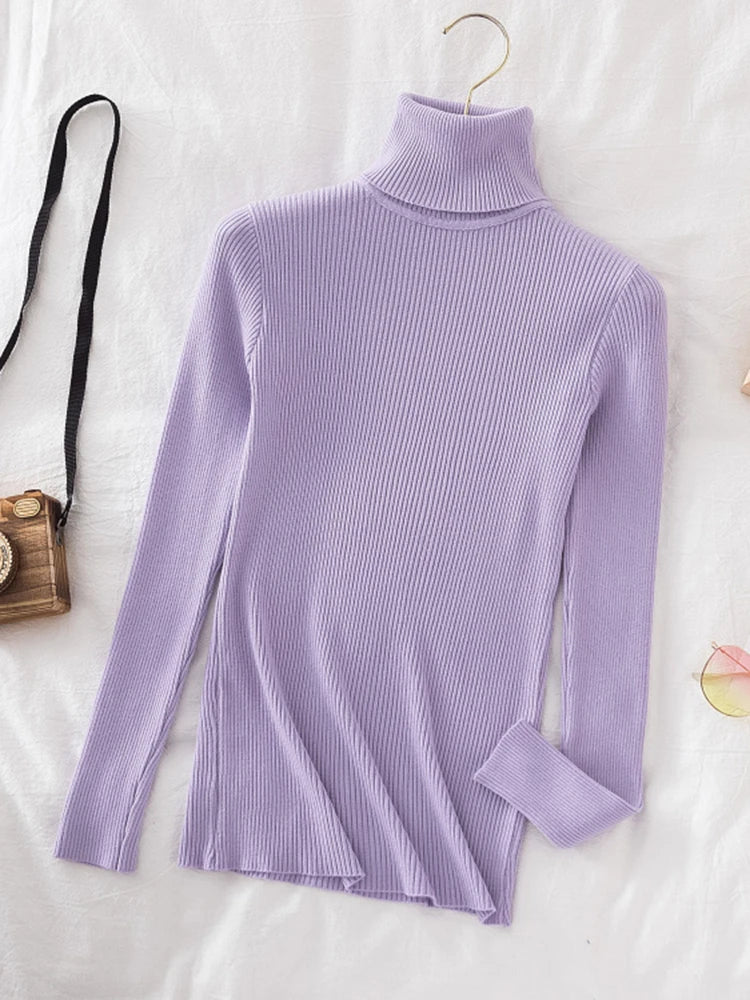 Korean Fashion Turtleneck Women Autumn Winter Pullover Sweater Basic Solid Casual Slim Stretch Ribbed Knitted Top Woman Sweaters-Dollar Bargains Online Shopping Australia