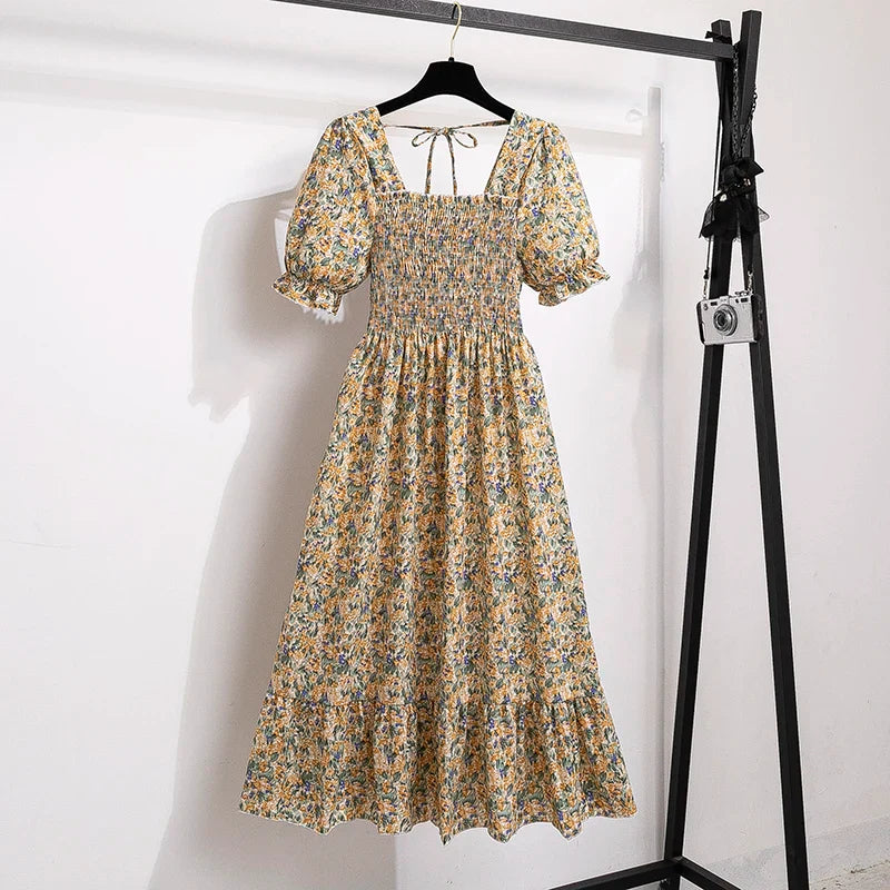 Chiffon Dresses Fashion Female Elastic Waist Short Sleeve Pleated Casual Dress Women A-line Dresses-Dollar Bargains Online Shopping Australia