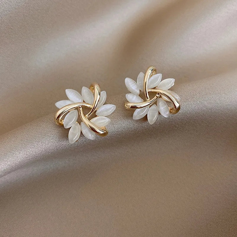 Opal Petal Circle Stud Earrings Luxury Party Girl's Unusual Earrings