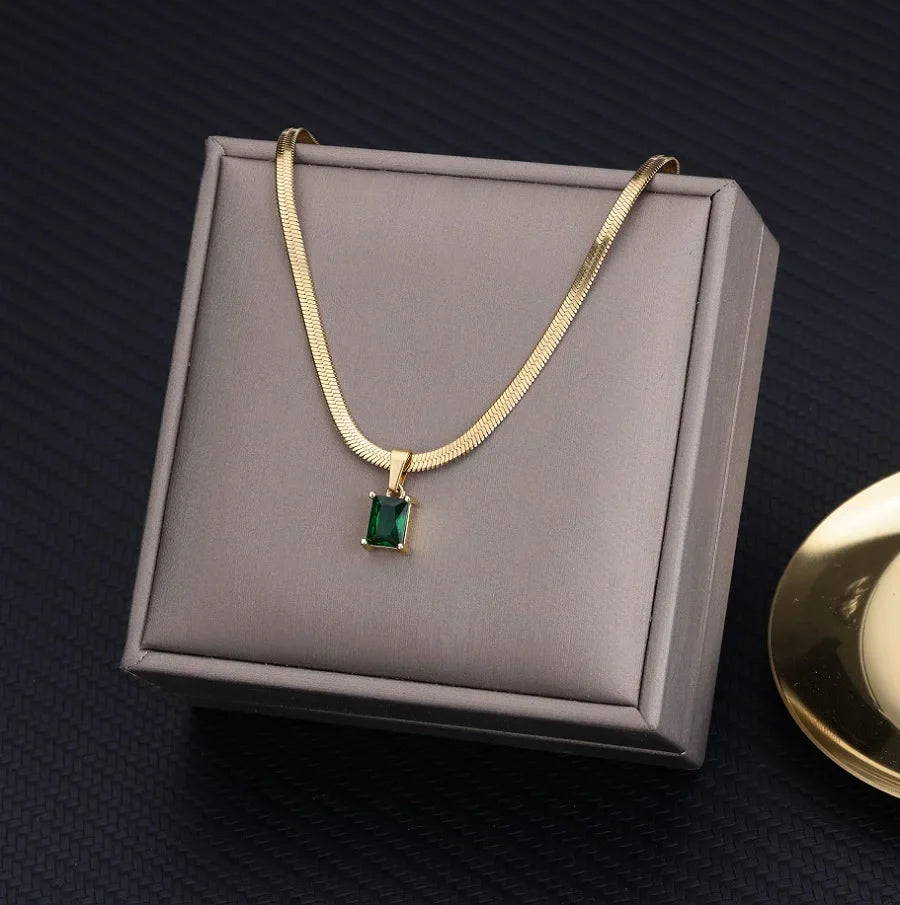 Vintage Rust Steel Zircon Necklace Flat Snake Bone Chain Blade Chain Square Emerald Pendant Necklace Women-Dollar Bargains Online Shopping Australia