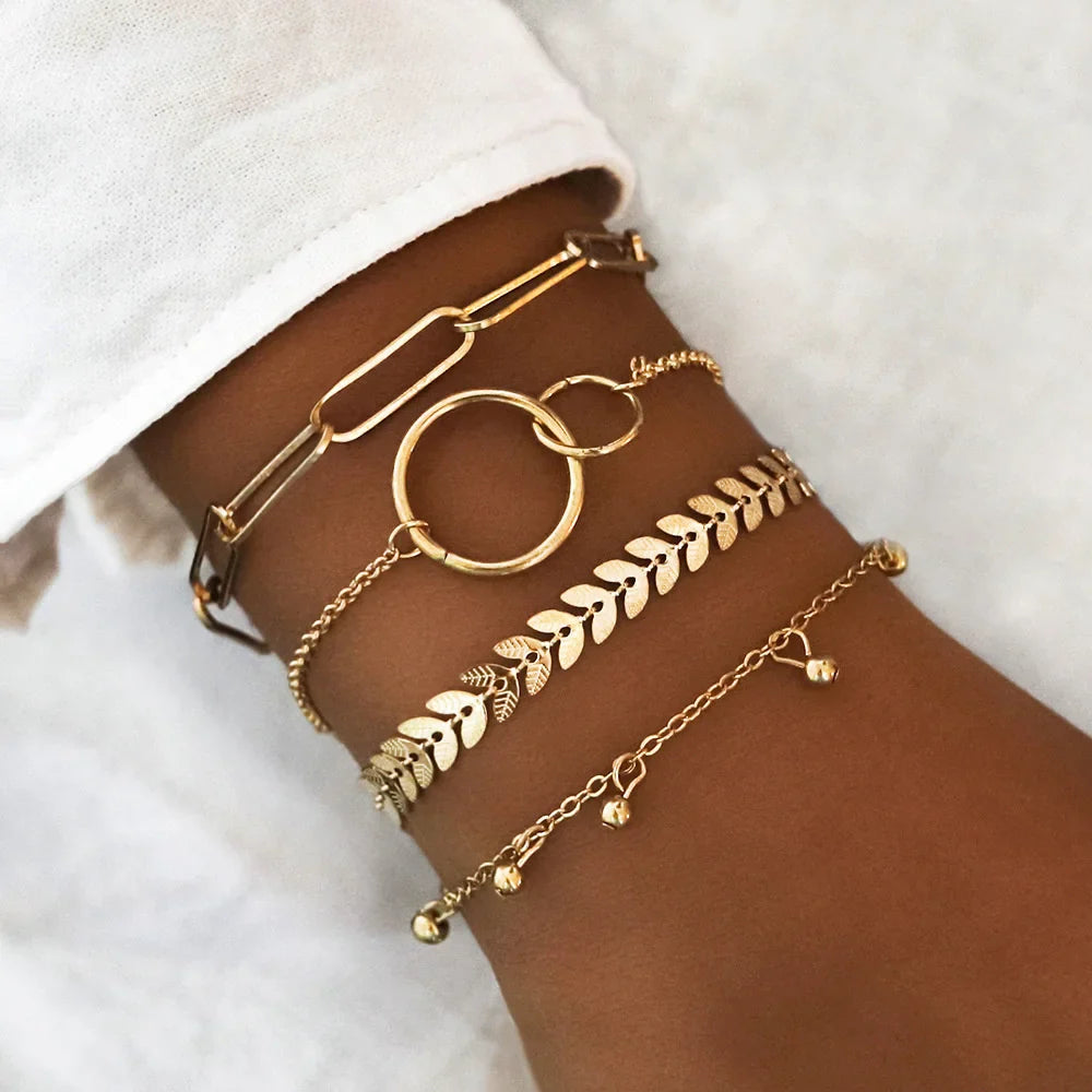 4pcs Punk Curb Cuban Chain Bracelets Set for Women Simple Thick Gold Color Charm Bracelets Fashion Jewelry Accessories New-Dollar Bargains Online Shopping Australia