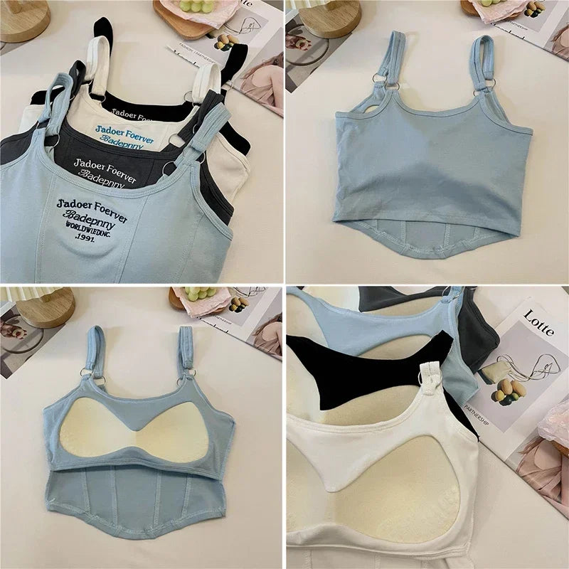 Women Summer Tops Sexy Camisole Square Collar Tank Top Y2k Slveless Female Crop Tops With Pad Fashion Vest Embroidery Letter