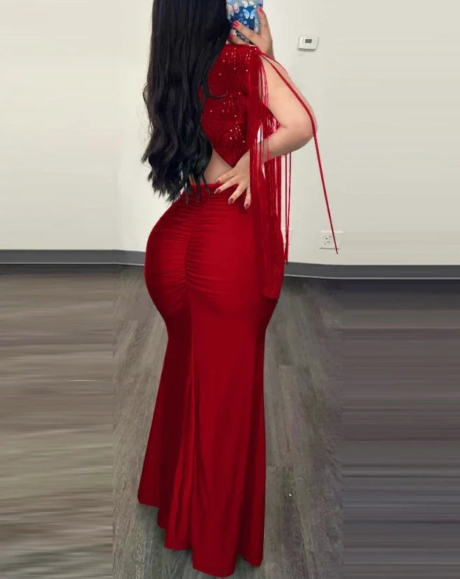 Elegant Evening Party Dresses for Women Sexy Contrast Sequin Ruched Slit Evening Dress-Dollar Bargains Online Shopping Australia