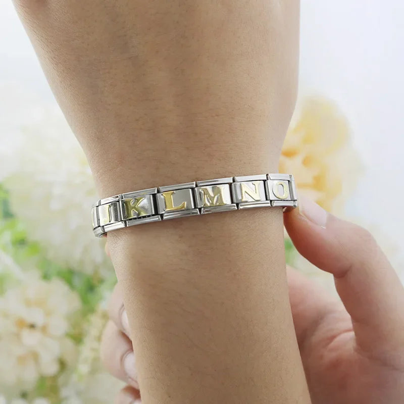 26 Gold Letters Italian Charm Links Fit 9mm Stainless Steel Bracelet Making DIY Jewelry