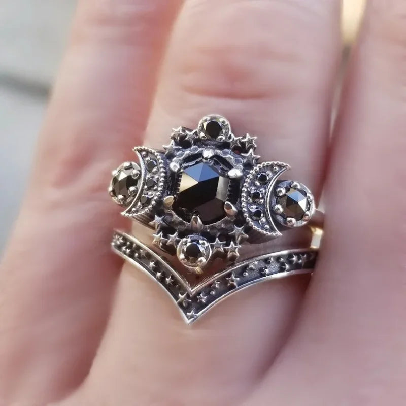 2023 New Gothic Universe Moon Women's Ring Set Creative Vintage Pentagram Black Party Vacation Jewelry Best Gift for Girls-Dollar Bargains Online Shopping Australia