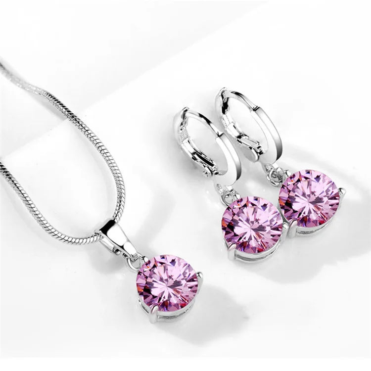 925 Silver Needle Trendy Crystal Pendant Necklace Earrings Jewelry Set For Women Girls Wedding Engagement Fashion Jewelry-Dollar Bargains Online Shopping Australia