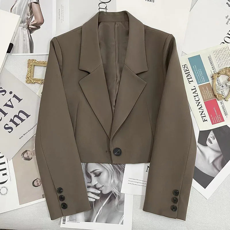 Cropped Blazers Women Solid Color Simple Single-button Outwear Teens All-match Long Sleeve Office Suit Jacket-Dollar Bargains Online Shopping Australia