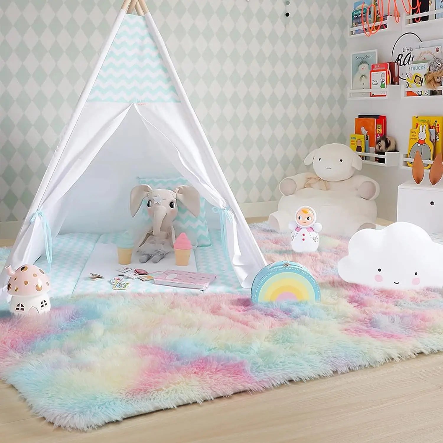 Rainbow Rugs Bedroom Soft Furry Carpets Living Room Kids Baby Room Nursery Playroom Cute Room Decor Area Rug