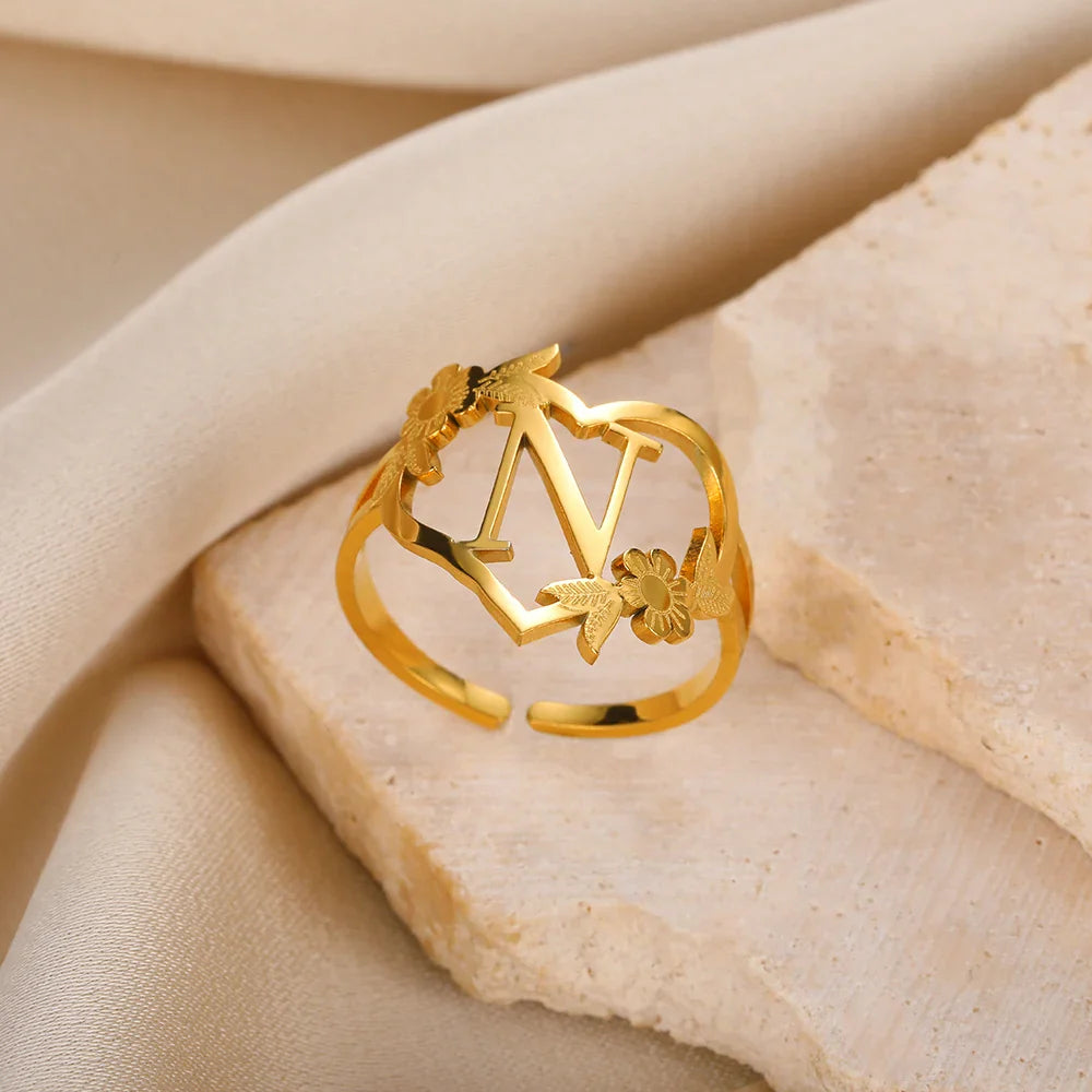 Stainless Steel Initials Flower Heart Rings Gold Color Adjustable Delicate Letter Leaf Rings For Women Girl Alphabet Jewelry-Dollar Bargains Online Shopping Australia