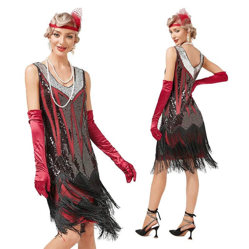 Great Gatsby Cosplay Costume 1920s Flapper  Vintage V-neck Double Tassel Dress Cocktail Party Wedding Sequin Stud Dress