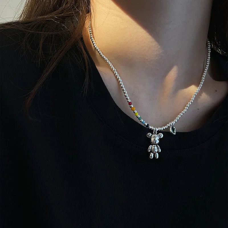 Fashion Cute Hip Hop Bear Pendant Necklace for Men & Women Punk Wind Titanium Steel Sweater Chain Jewelry Set Lovers Gift-Dollar Bargains Online Shopping Australia
