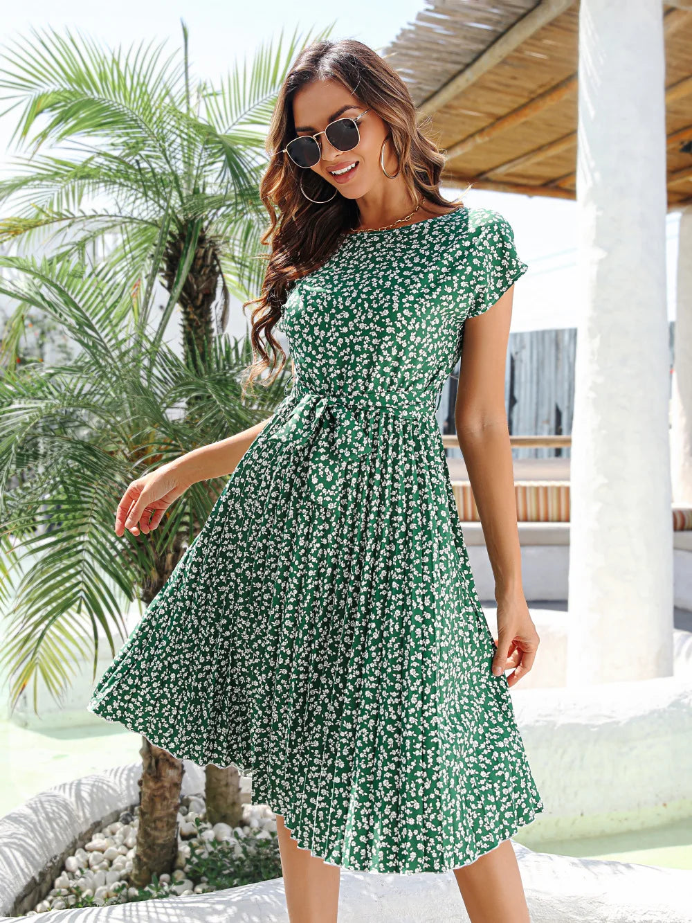 Fashion Floral Pleated A Line Long Dress Women Spring Summer Short Sle Fashion Floral Pleated A Line Long Dress Women Spring Summer Short Sle