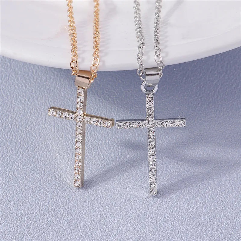 Fashion Cross Necklace for Women Men Gold Silver Color Dazzling Crystal Jesus Crucifix Necklace Christian Jewelry Wholesale
