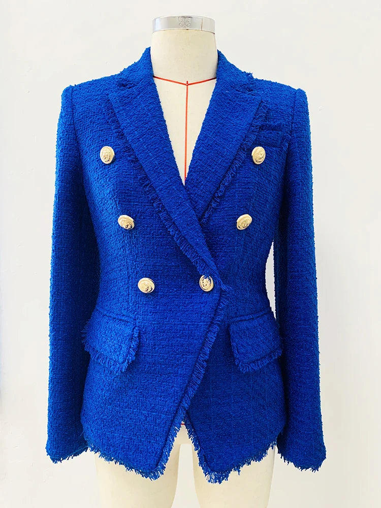 Womens Classic Slim Fitting Double Breasted Lion Buttons Fringed Tweed Blazer-Dollar Bargains Online Shopping Australia