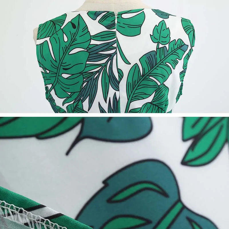 Women Summer Dress Sleeveless Green Leaf Print Midi Dress O Neck Retro Vintage Party Robe