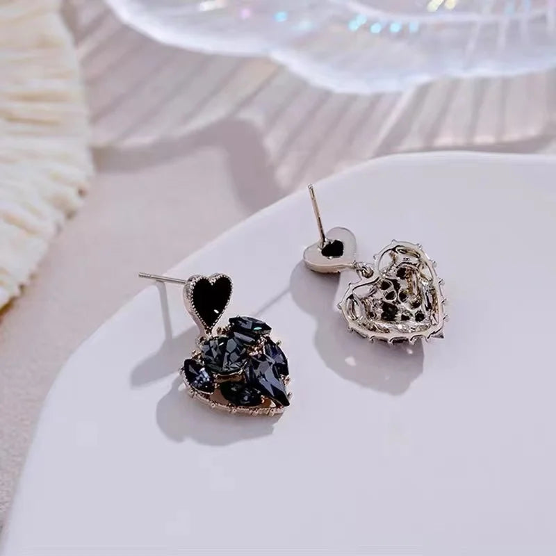 Women Black Rhinestone Love Earrings Delicate Sweet Earrings Women Party Birthday Gift Charm Jewelry Gift