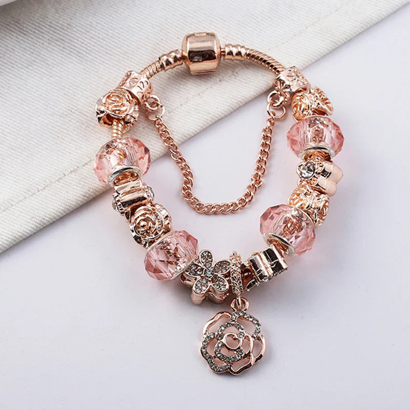 Silver Color Charm Bracelet For Women with Flower Pendant & Rose Gold Crystal Ball Fine Bracelet