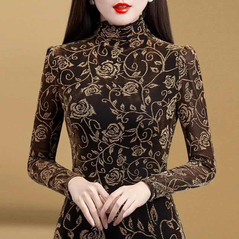 Women's Winter Autumn Style Blouse Shirt Women's Printed Turtleneck Long Sleeve Slim Elegant Tops