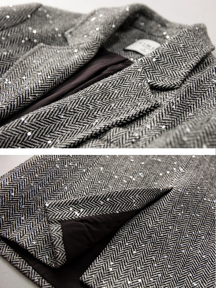 Sequins Wool Blend Blazer Women Spring Jackets Warm Outerwears Vintage Elegant Casual Business Woolen Tailored Coat-Dollar Bargains Online Shopping Australia