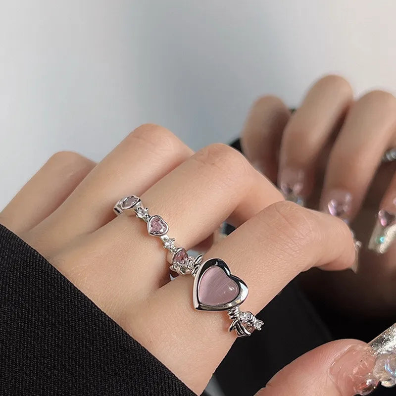 Pink Crystal Irregular Heart Rings Vintage Zircon Opal Love Open Ring Y2K Shiny Zircon Rings for Women Party Jewelry Gift