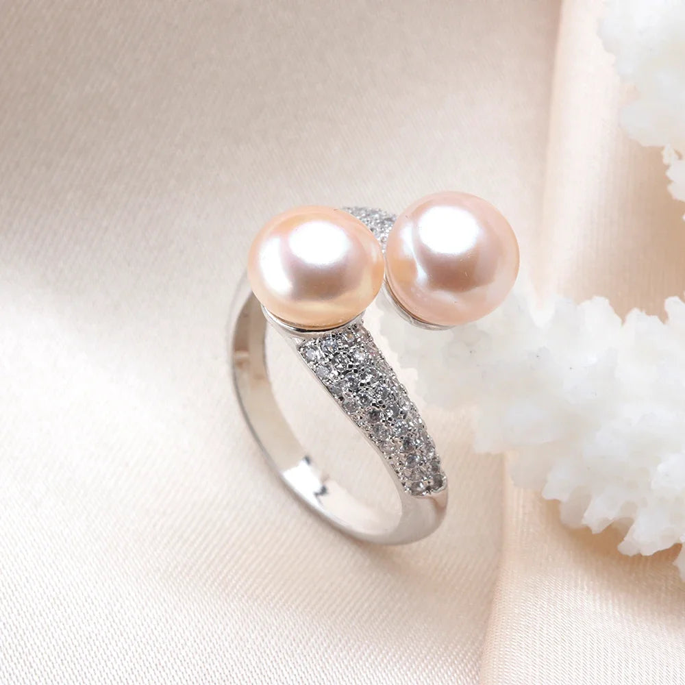 Double Pearl Adjustable Natural Freshwater Pearl Original 925 Sterling Silver Zircon Women's Ring Fine Bridal Jewelry