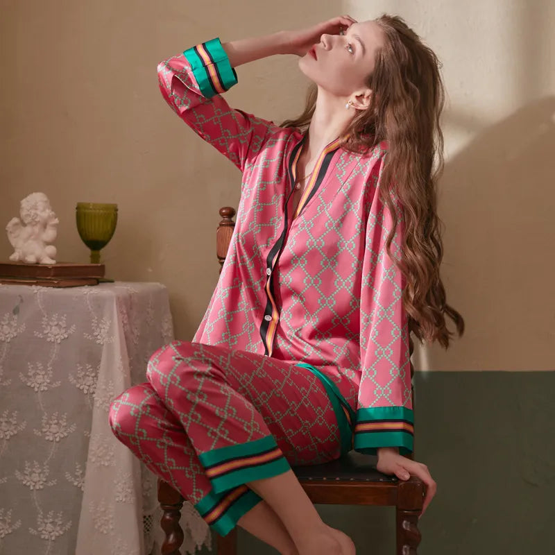 Long Sleeved Women Pajamas Set Ice Silk Printed Fashion Pyjamas-Dollar Bargains Online Shopping Australia