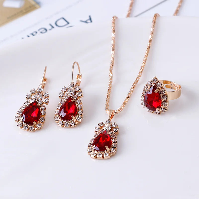 Crystal Ring Necklace Earrings Set Wedding Jewelry Sets For Brides Pendant Earrings For Girls Women African Jewelry Sets-Dollar Bargains Online Shopping Australia