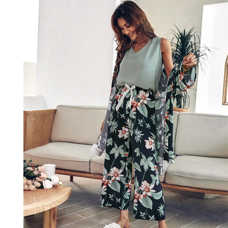 3 Pcs Women Pajamas Set Viscose Floral Printed Female Pyjama Loose Sleepwear Nightwear Spring Summer Lounge Wear