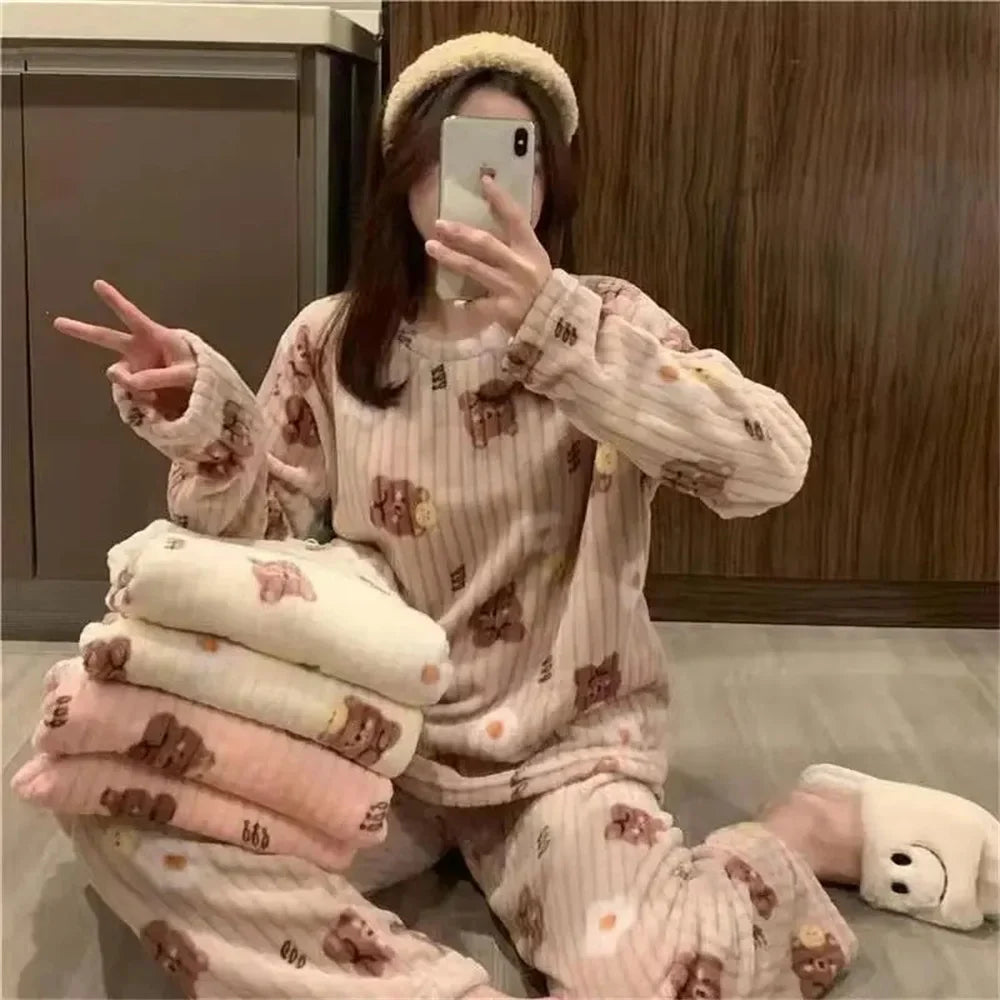 Winter Warm Flannel Fleecing Women Pyjamas Sets Thick Coral Velvet Long Sleeve Cartoon Sleepwear 2pcs Flannel Pajamas Set-Dollar Bargains Online Shopping Australia