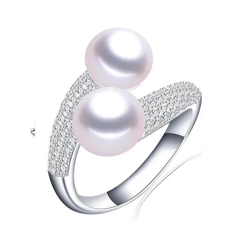 Double Pearl Adjustable Natural Freshwater Pearl Original 925 Sterling Silver Zircon Women's Ring Fine Bridal Jewelry