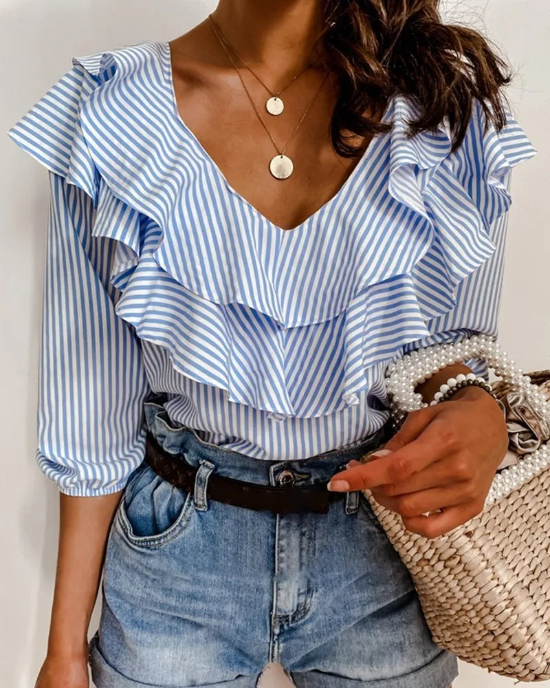 Women's Blouse Elegant Striped Plaid Off Shoulder Ruffle Long Sleeve Sexy Shirt Fashion Office Loose Casual Tops Streetwear