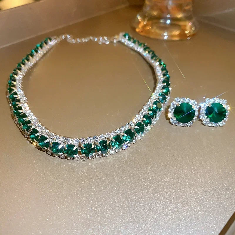 FYUAN Luxury Crystal Necklace Earrings Set Pink ABcolourful Necklace for Women Weddings Party Jewelry Sets Accessories-Dollar Bargains Online Shopping Australia