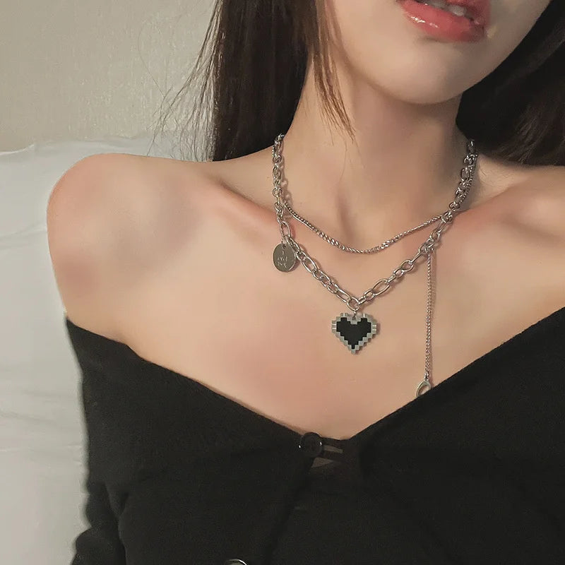 Harajaku Fashion Women Pendant Necklaces Double Link Chain Metal Black Heart Grunge Necklace Party Grunge Jewelry Gift