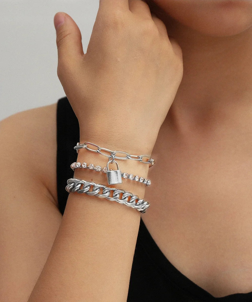 4pcs Punk Curb Cuban Chain Bracelets Set for Women Simple Thick Gold Color Charm Bracelets Fashion Jewelry Accessories New-Dollar Bargains Online Shopping Australia