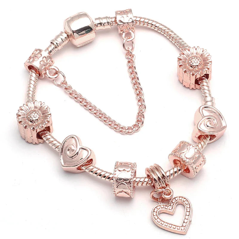 Silver Color Charm Bracelet For Women with Flower Pendant & Rose Gold Crystal Ball Fine Bracelet