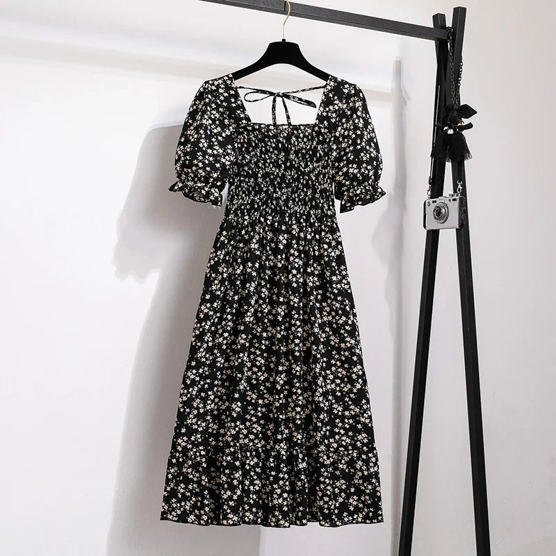 Chiffon Dresses Fashion Female Elastic Waist Short Sleeve Pleated Casual Dress Women A-line Dresses-Dollar Bargains Online Shopping Australia