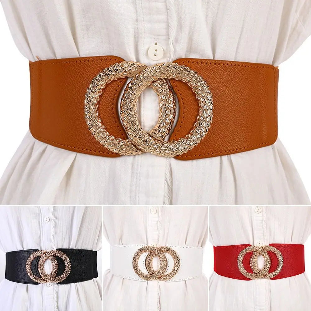 Wide Belts Decorated Elastic Leather Waistband Gold Buckle Dress Sweater Waist Belt for Woman