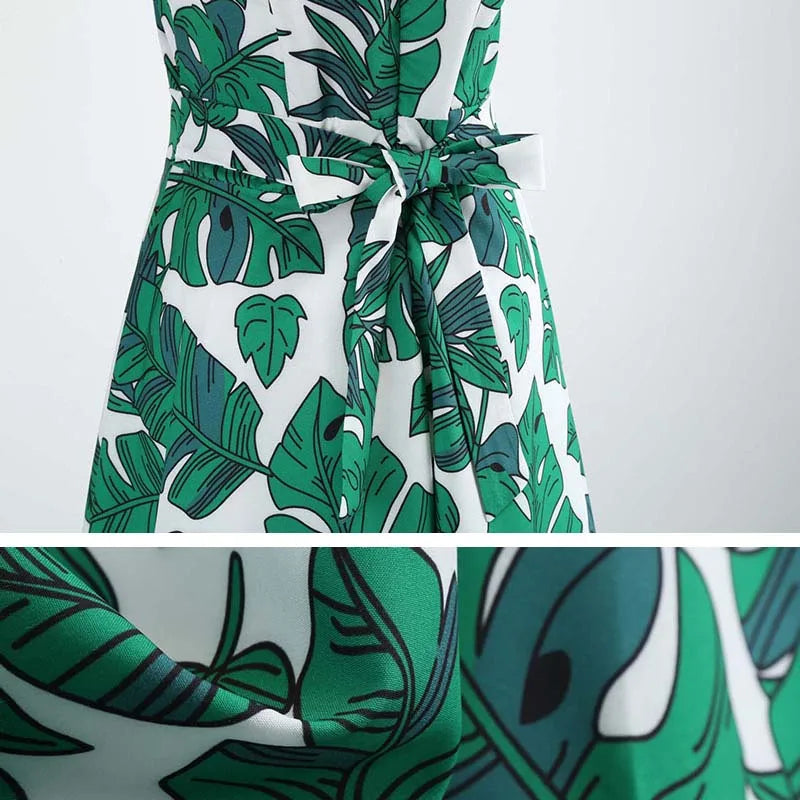 Women Summer Dress Sleeveless Green Leaf Print Midi Dress O Neck Retro Vintage Party Robe