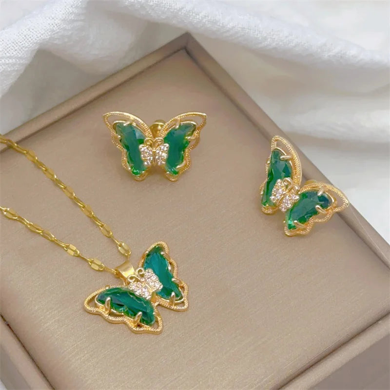 Micro-inlaid Butterfly Necklace Earrings Set Classic Light Luxury Transparent Stainless Steel-Dollar Bargains Online Shopping Australia
