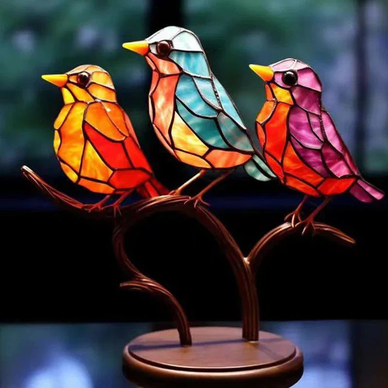 Stained Acrylic Birds on Branch Desktop Ornaments, Double Sided Multicolor Style Craft Statue Ornaments