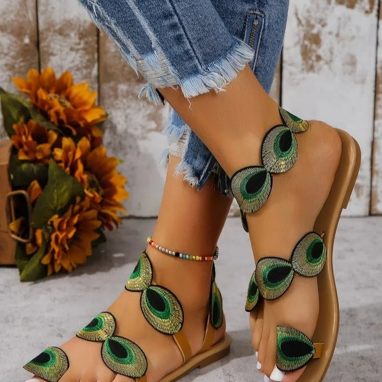 Embroidered Faux Flower Fashion Sandals Flat Plus Outdoor Beach Shoes Travel