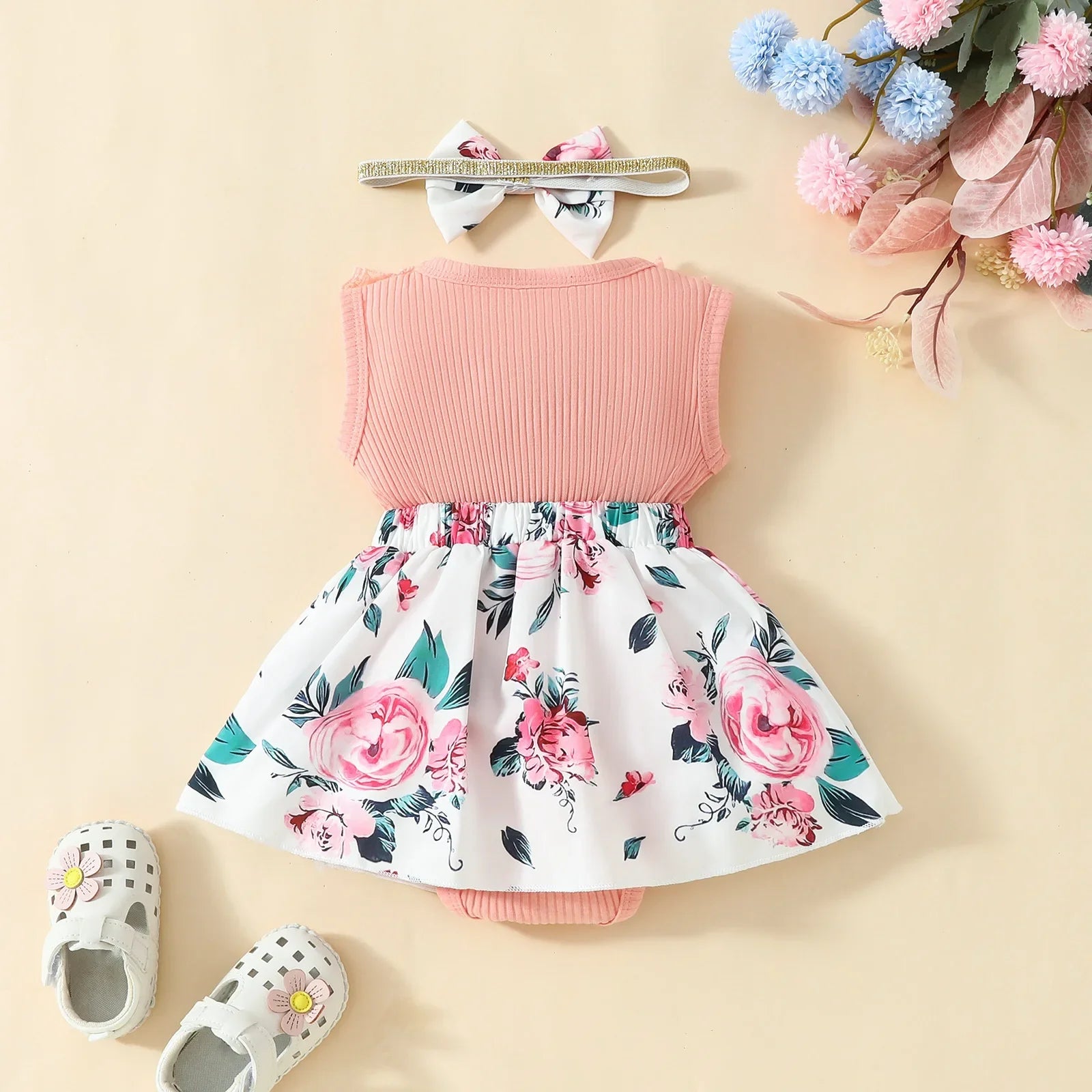2024 Newborn Baby Girl Dress Sleeveless Lace Triangle Sweetheart 0-1 Year Old Baby Flower Bow Dress Headband-Dollar Bargains Online Shopping Australia
