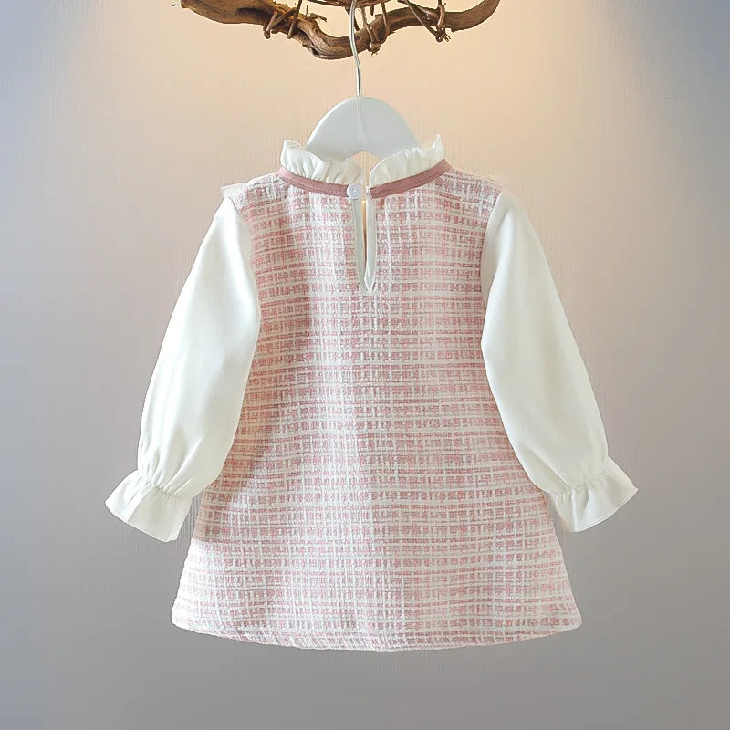 Girl Dresses Korean Fashion Cute Bow Mesh Plaid Long Sleeve Princess Kids Dress Baby Clothes Outfit-Dollar Bargains Online Shopping Australia